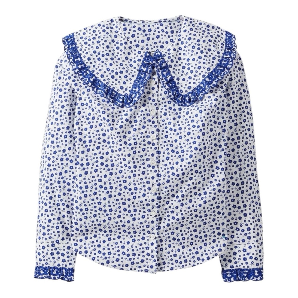 Boden Blue & White Dusty Floral Print Embroidered Statement Collar Shirt - 2